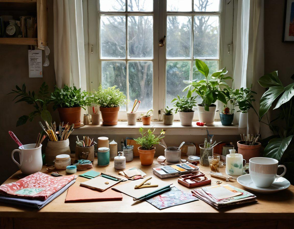 An inviting workspace filled with colorful tools like scissors, glue, paintbrushes, and fabric swatches, surrounded by cheerful decorations like homemade crafts and plants. Sunlight streams in through a window, creating a warm and joyful atmosphere. A cup of tea sits on the table, suggesting a moment of relaxation amidst creativity. Art supplies are neatly arranged, showcasing a harmonious blend of chaos and order. vibrant colors. warm lighting. super-realistic.