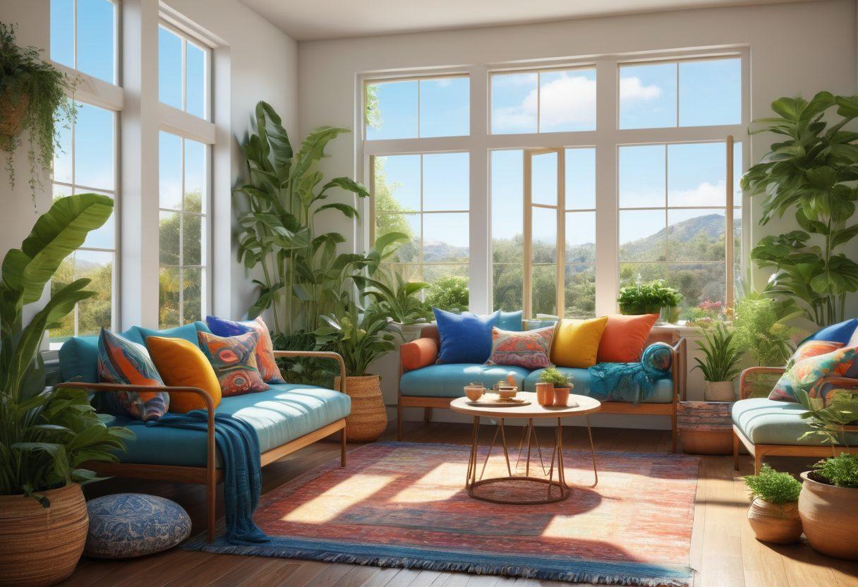 A cozy, sunlit room filled with lush plants, colorful throw pillows, and an inviting seating area. Include a cheerful person arranging art on the walls and a window showcasing a bright blue sky. Emphasize warm textures and vibrant colors to evoke a sense of happiness and tranquility. 3D rendering. vibrant colors. soft lighting.