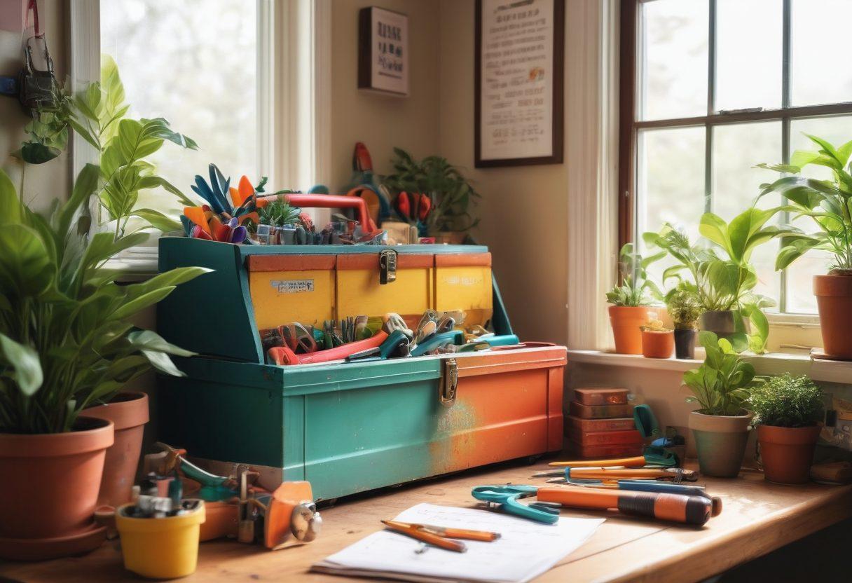A cozy home workshop scene featuring a vibrant toolbox overflowing with colorful tools, surrounded by uplifting decor like plants and inspirational quotes on the walls. A person is joyfully creating a home project, with bright sunlight streaming in through a window, symbolizing creativity and well-being. The atmosphere is warm and inviting, radiating positivity. super-realistic. vibrant colors.